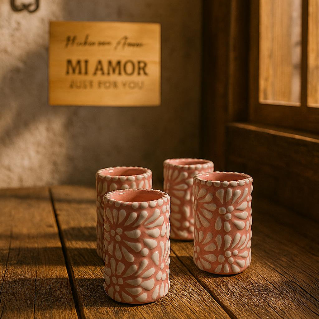 FOur ceramic shot glasses with floral patterns on a wooden surface, with a 'MI AMOR' sign in the background.